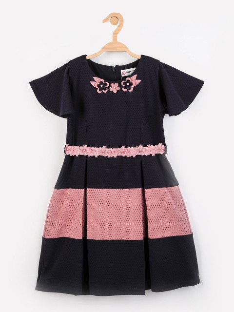

Peppermint Navy Blue & Pink Colourblocked Satin Dress