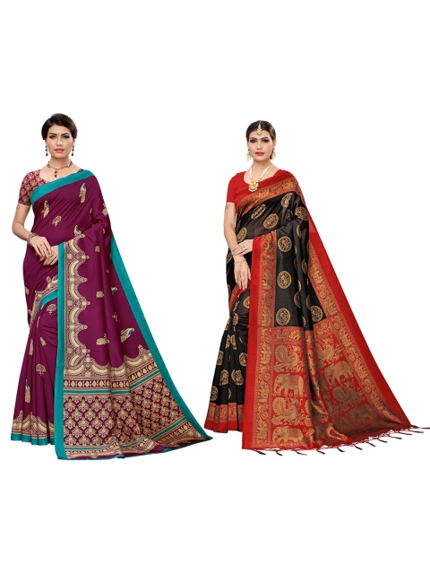 

KALINI Women Magenta & Black Art Silk Pack of 2 Printed Saree