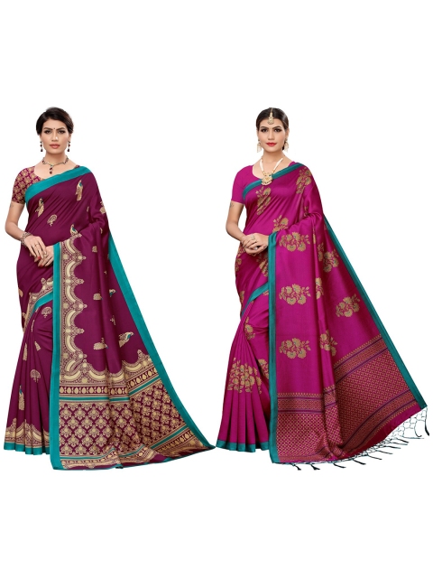 

KALINI Pack Of 2 Pink & Burgundy Floral Art Silk Saree