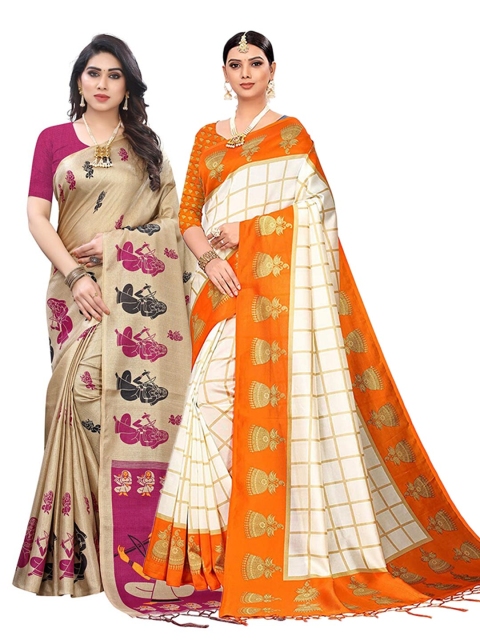 

KALINI Women Magenta & Orange Art Silk Pack of 2 Printed Saree
