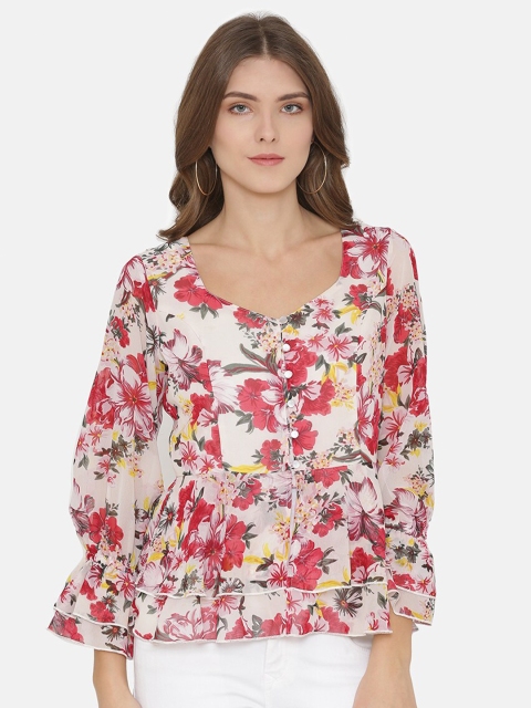 

Yaadleen White & Red Floral Sweetheart Neck Georgette Peplum Top