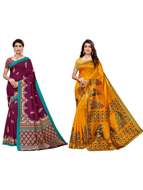 

KALINI Pack Of 2 Yellow & Magenta Ethnic Motifs Art Silk Saree