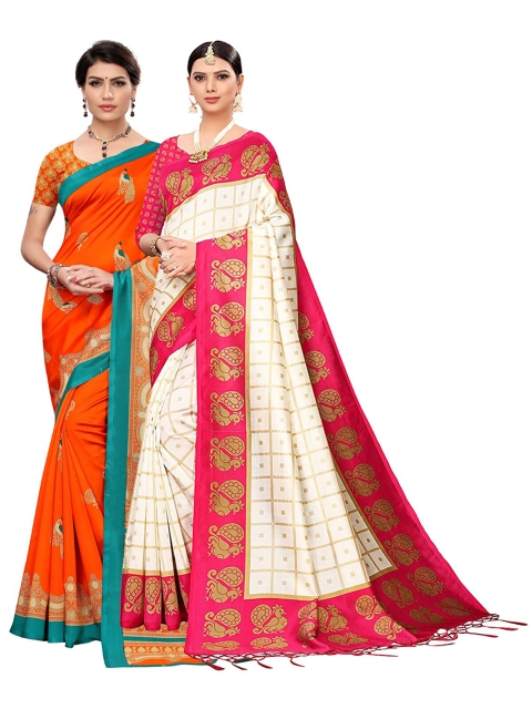 

KALINI Pack of 2 White & Pink Ethnic Motifs Art Silk Saree