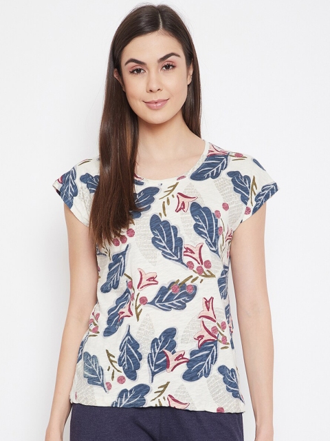 

Clovia Women White & Blue Floral Printed Cotton Lounge T-Shirt