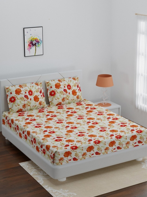 

BOMBAY DYEING Off White & Orange Floral 144 TC Queen Bedsheet with 2 Pillow Covers