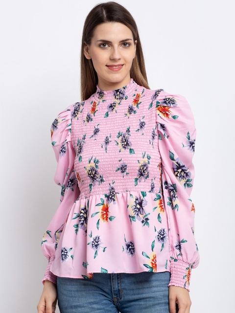 

emeros Pink Floral Puff Sleeve Crepe Shirt Style Top