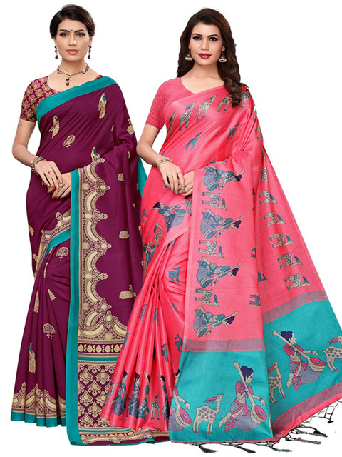 

KALINI Pack of 2 Pink & Magenta Ethnic Motifs Art Silk Saree