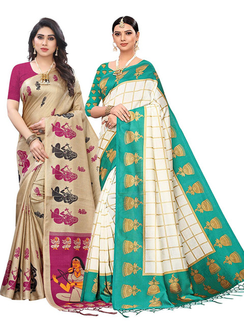 

KALINI Pack of 2 Green & Beige Ethnic Motifs Art Silk Saree