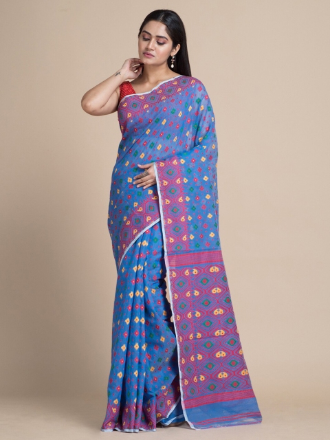

Mitera Blue & Pink Floral Silk Cotton Jamdani Saree