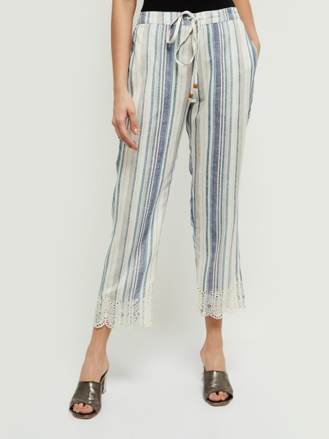 

max Women Off White & Blue Hem Design Palazzos