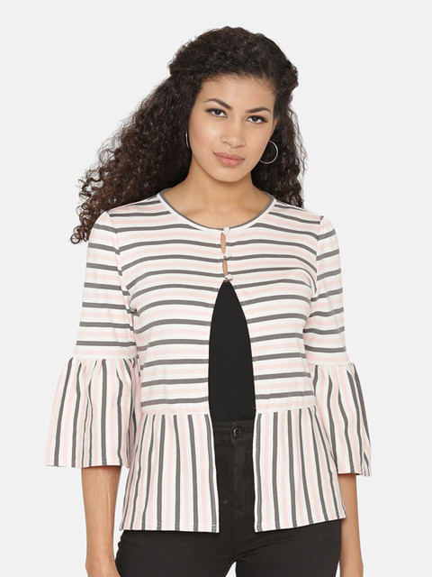 

Yaadleen White Striped Keyhole Neck Regular Top