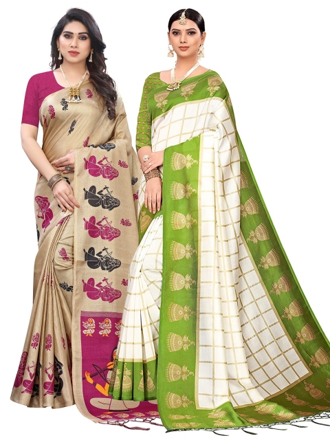 

KALINI Pack of 2 Olive & Beige Ethnic Motifs Art Silk Saree