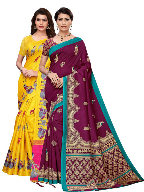

KALINI Pack of 2 Yellow & Burgundy Ethnic Motifs Art Silk Saree