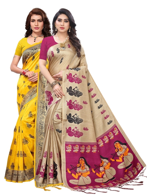 KALINI Women Magenta & Yellow Art Silk Pack of 2 Printed Saree