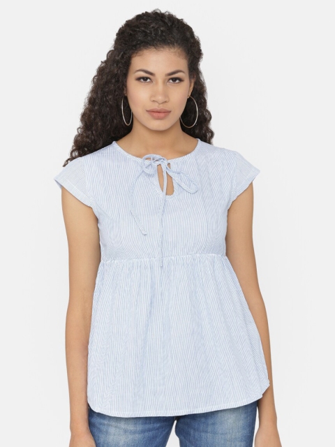 

Yaadleen Blue & White Striped Tie-Up Neck A-Line Top