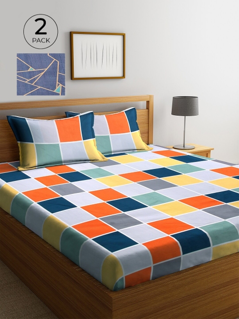 

KLOTTHE Blue & Orange Geometric Printed 210 TC 2 King Bedsheet with 4 Pillow Covers
