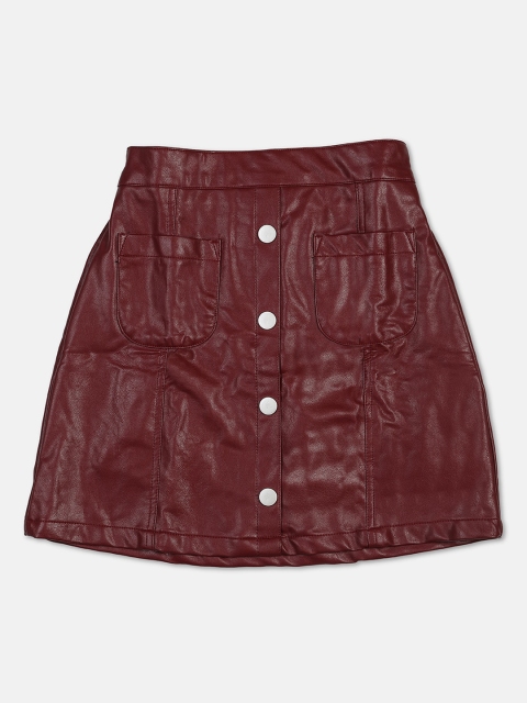

Nins Moda Girls Maroon Solid Leather Skirt