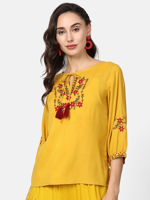 

V2 Value & Variety Mustard Embellished Tie-Up Neck Regular Top