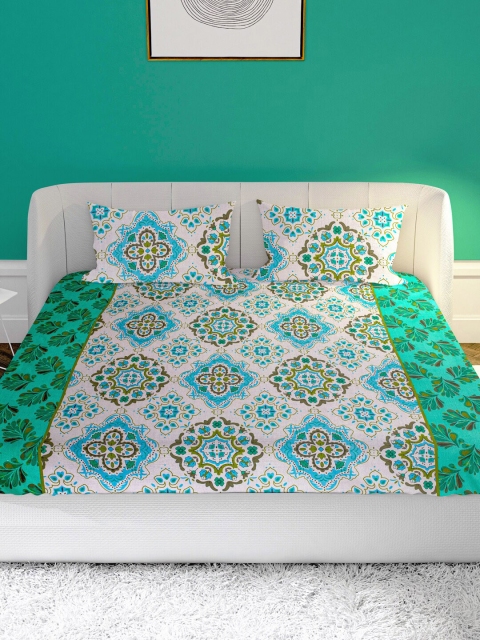 

MAYFAIR HOMES LONDON Green & White Ethnic Motifs 104 TC Queen Bedsheet with 2 Pillow Covers