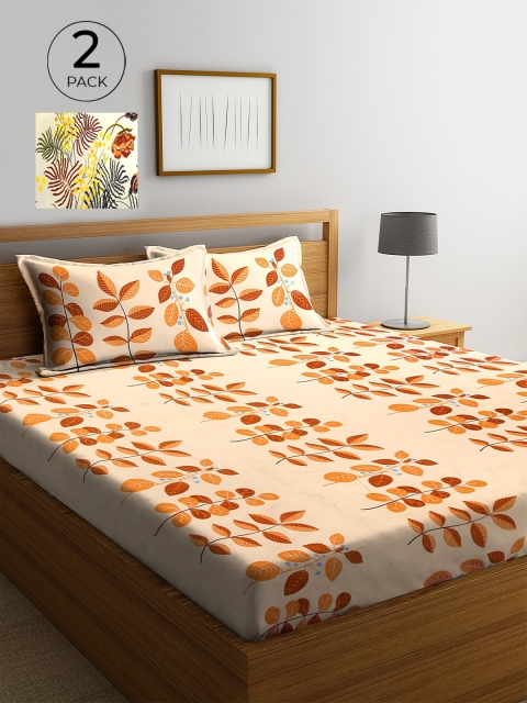 

KLOTTHE Cream & Beige Floral 210 TC 2 King Bedsheet with 4 Pillow Covers