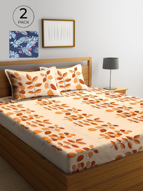 

KLOTTHE Peach & Navy Blue Floral 210 TC 2 King Bedsheet with 4 Pillow Covers