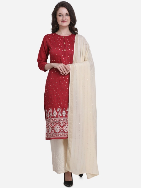 

Kvsfab Maroon & Beige Embellished Unstitched Dress Material