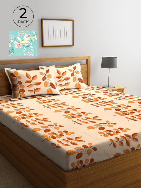 

KLOTTHE Orange & Brown Floral 210 TC 2 King Bedsheet with 4 Pillow Covers