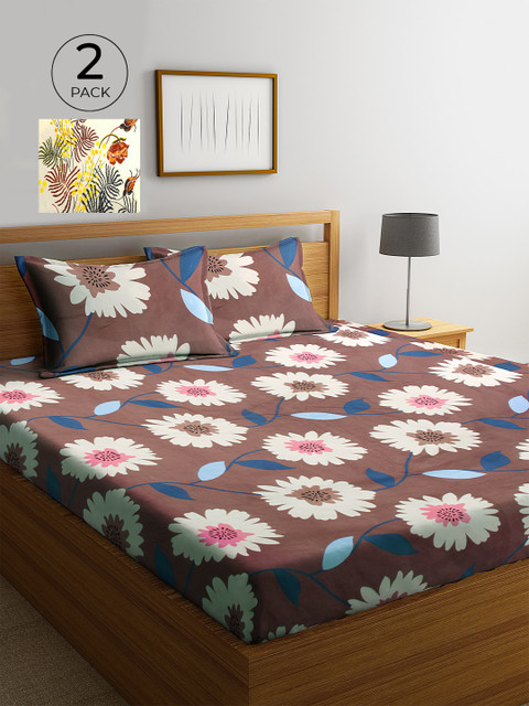 

KLOTTHE Multicolor Floral 210 TC Poly Cotton 2 King Size Double Bedsheet Set, Brown