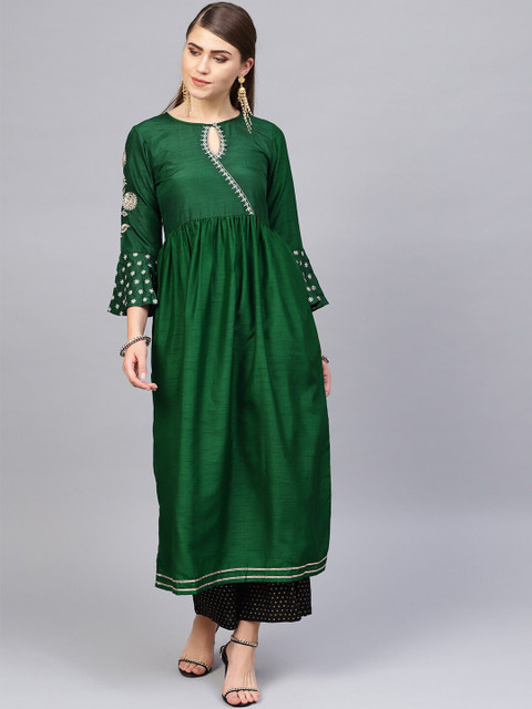 

Varanga Women Green Geometric Yoke Design Keyhole Neck Flared Sleeves Anarkali Kurta