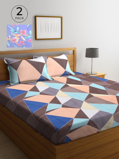 

KLOTTHE Blue & Brown Geometric 210 TC 2 King Bedsheet with 4 Pillow Covers
