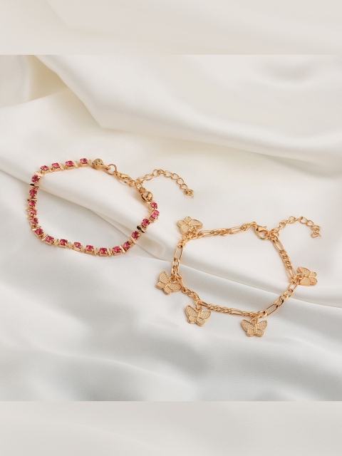 

YoungWildFreep Set Of 2 18K Gold-Plated Pink Stone-Studded Anklets