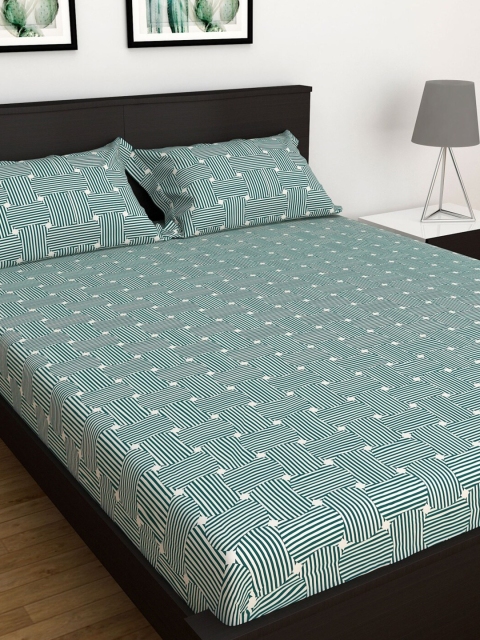 

Home Centre Teal Striped 150 TC 3 Queen Bedsheet with Pillow Covers
