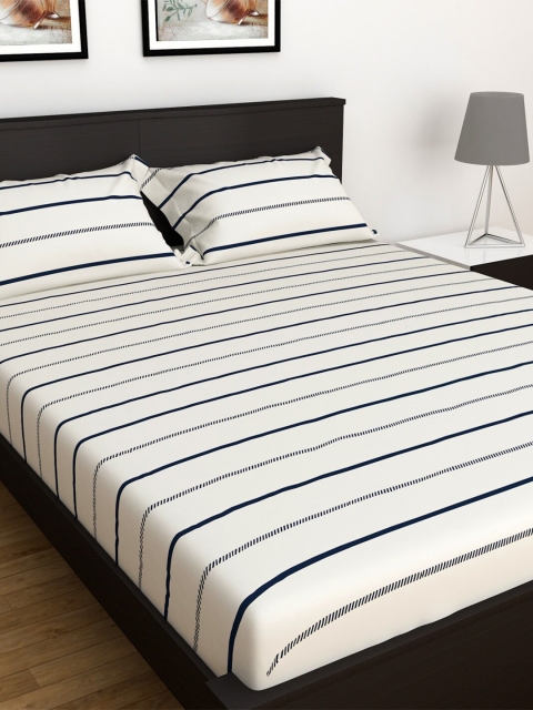 

Home Centre Off White & Navy Blue Striped 150 TC King Bedsheet with 2 Pillow Covers