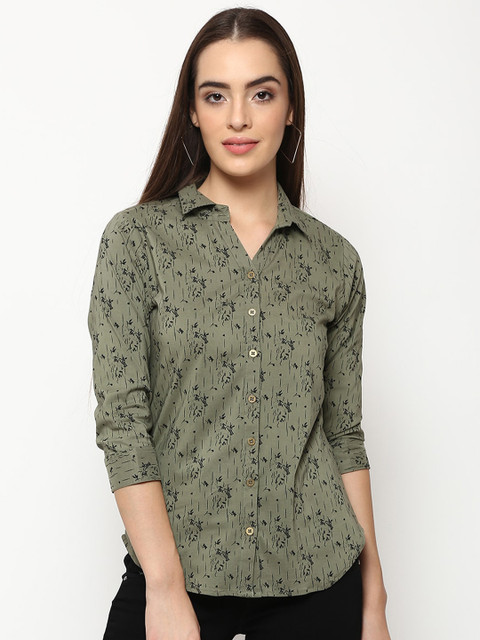 

V2 Value & Variety Olive Green & Black Floral Shirt Style Top