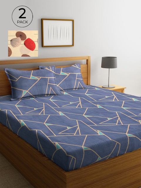 

KLOTTHE Blue & Beige Geometric 210 TC 2 King Bedsheet with 4 Pillow Covers