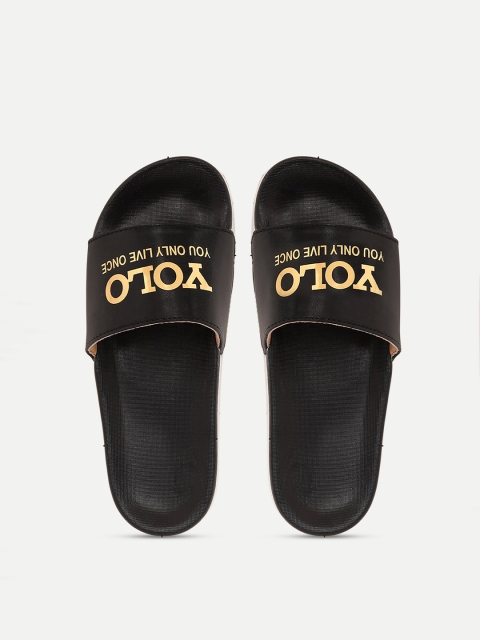 

FREECO Women Black & Gold-Toned Printed Sliders