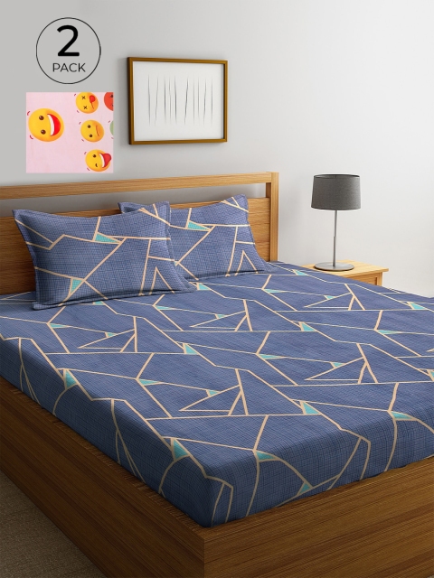 

KLOTTHE Pink & Blue Geometric 210 TC Poly Cotton 2 King Bedsheet with 4 Pillow Covers