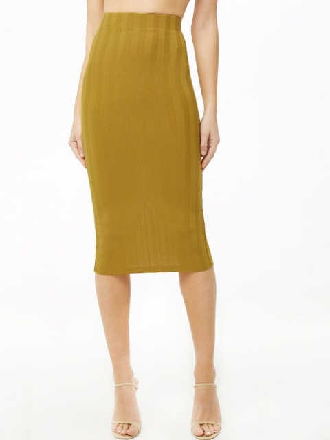 

FOREVER 21 Women Mustard Yellow Striped Ribbed Knit Midi Skirt