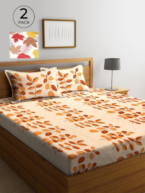 KLOTTHE White & Brown Floral 210 TC 2 King Bedsheet with 4 Pillow Covers
