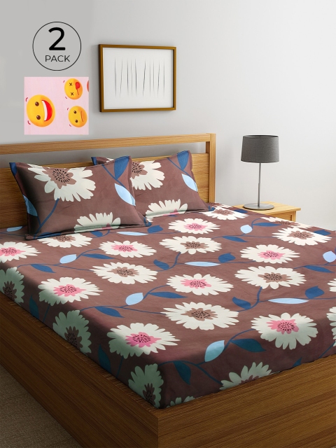 

KLOTTHE Pink & Brown Floral 210 TC 2 King Bedsheet with 4 Pillow Covers