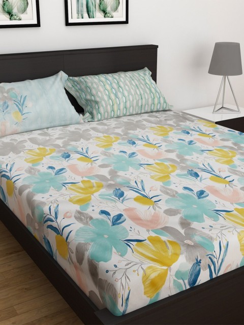 

Home Centre White & Green Floral 150 TC King Bedsheet with 2 Pillow Covers