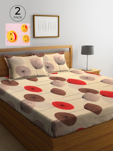 

KLOTTHE Yellow & Pink Floral 210 TC Poly Cotton 2 King Size Double Bedsheet Set