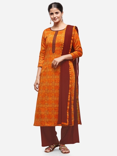 

Kvsfab Orange & Brown Printed Unstitched Dress Material
