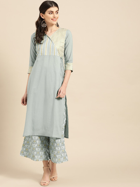 

Varanga Women Grey Yoke Design Angrakha Pure Cotton Kurta with Palazzos