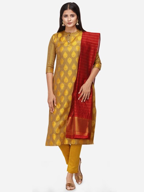 

Kvsfab Mustard & Maroon Satin Unstitched Dress Material