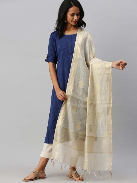 

Soch White & Gold-Toned Ethnic Motifs Woven Design Art Silk Dupatta