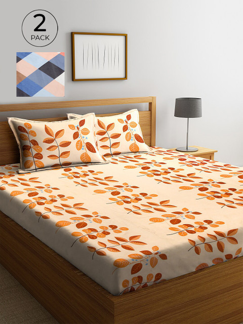 

KLOTTHE Beige & Blue 210 TC King Size Printed 2 Bedsheets With 4 Pillow Covers