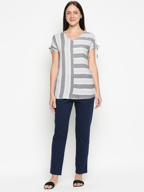 XIN Women White & Navy Blue Striped Cotton Night Suit