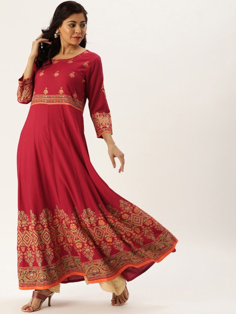 

Varanga Women Maroon Ethnic Motifs Yoke Design Keyhole Neck Mirror Work Anarkali Kurta