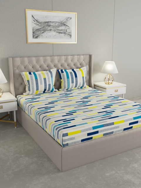 

Raymond Home White & Blue Striped 120 TC Queen Bedsheet with 2 Pillow Covers